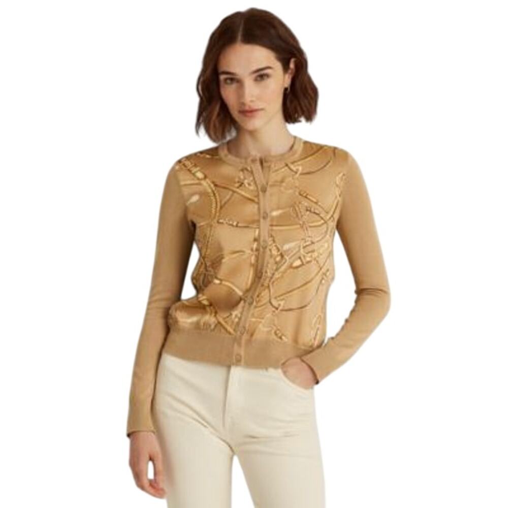 Lauren Ralph Lauren Women's Tan Equestrian Print Cardigan Sweater